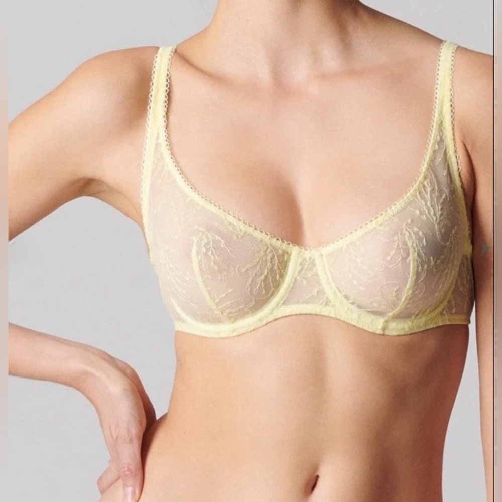 Simone Perele Yuzu Opaline Scoop Underwire Demi Bra in Pale Yellow Lace 34D